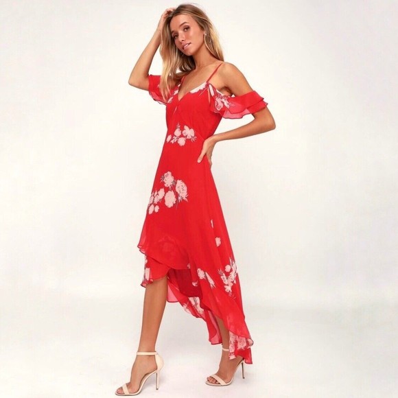 NWT LuLu’s Love in Bloom Dress Small Red Floral Print Off-the-Shoulder High-Low - Picture 2 of 11